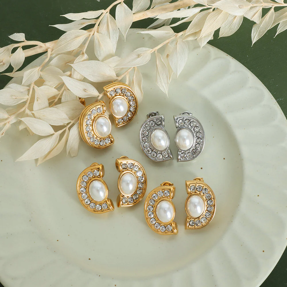 Charming Half Round Pearl and Diamond Earrings