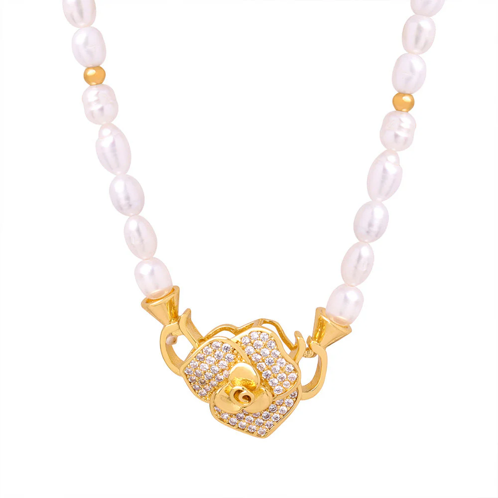 Freshwater Pearl Necklace With Diamond Rose Pendant