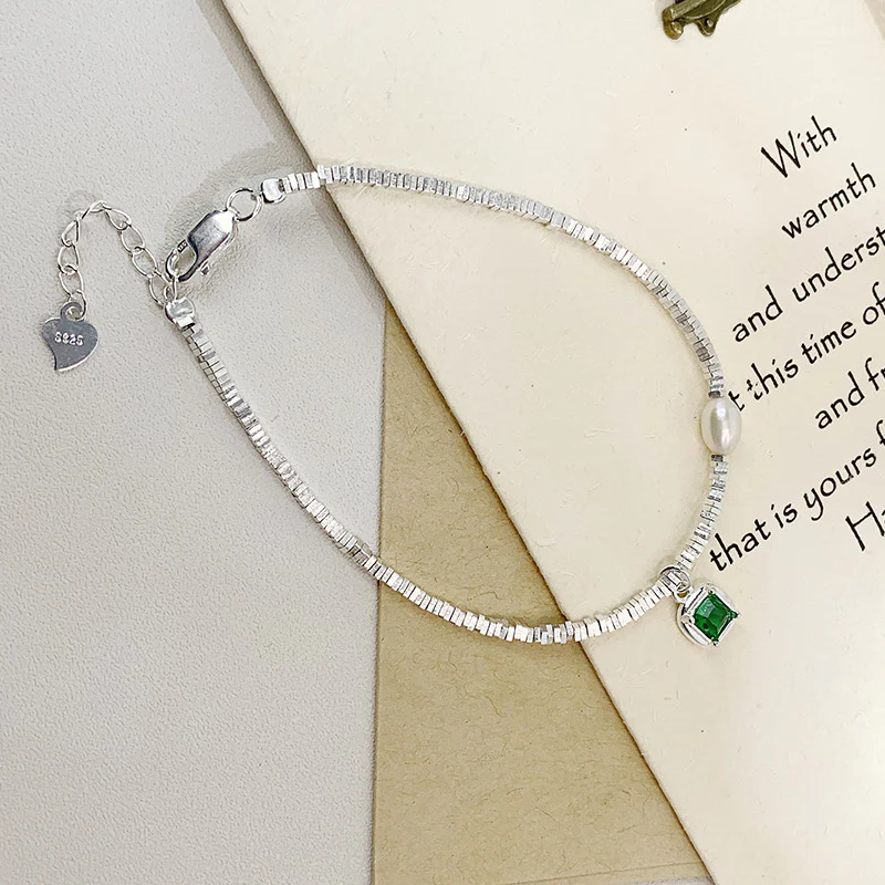 Silver Block Pearl Green Gem Charm Bracelet