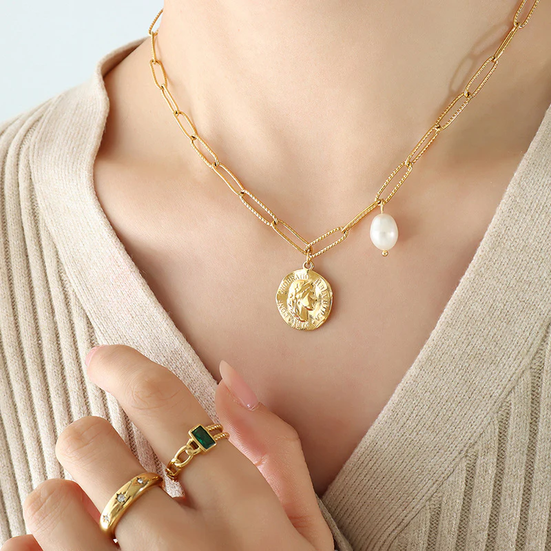 Vintage Portrait Coin Pendant Pearl Charm Paperclip Necklace