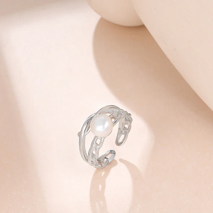 Silver Hollow Wide Band Pearl Ring