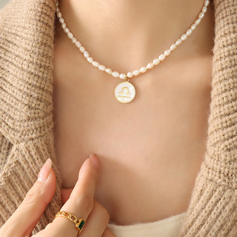 12 Constellation Zodiac Sign Round Pendant Freshwater Pearl Necklace