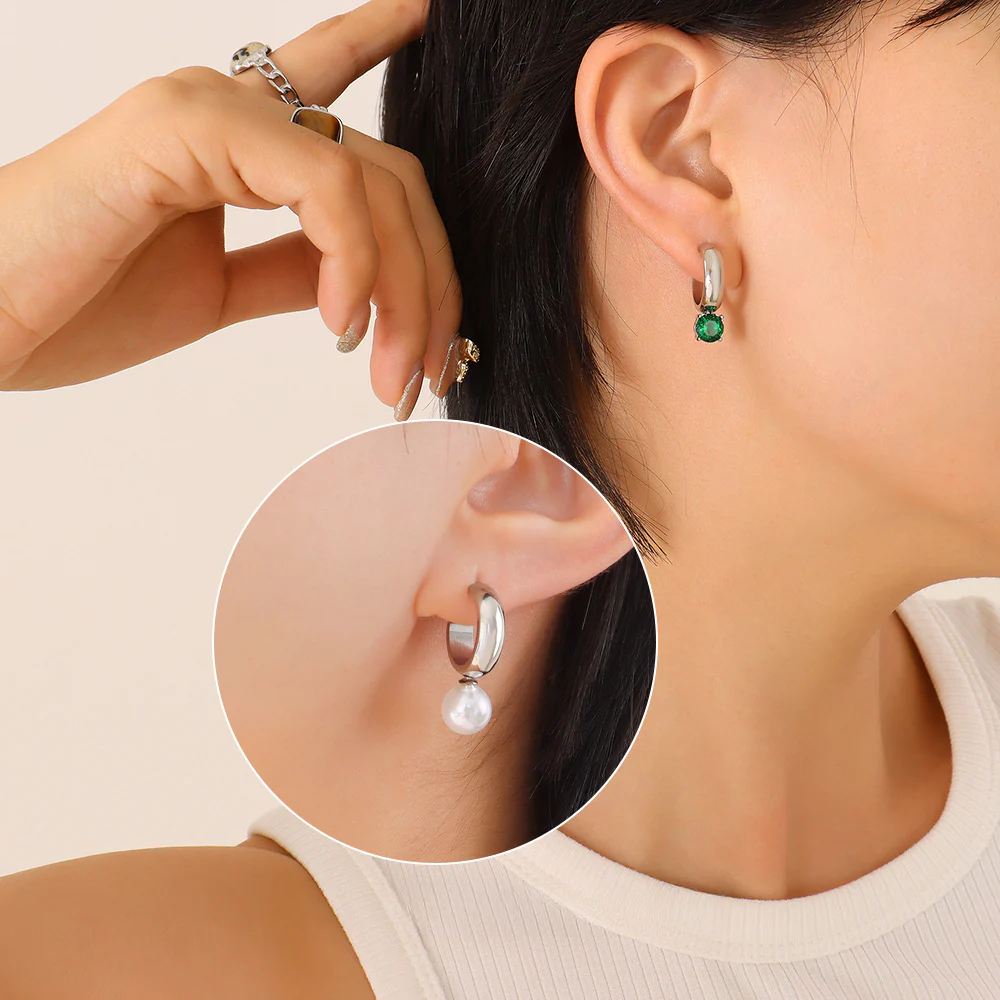 AB Asymmetrical Green Purple Zircon Pearl Earring