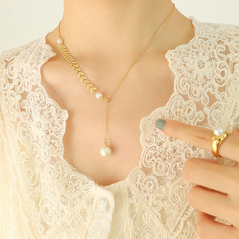 Adjustable Pull Chain Ears Of Wheat Pearl Drop  Y Necklace