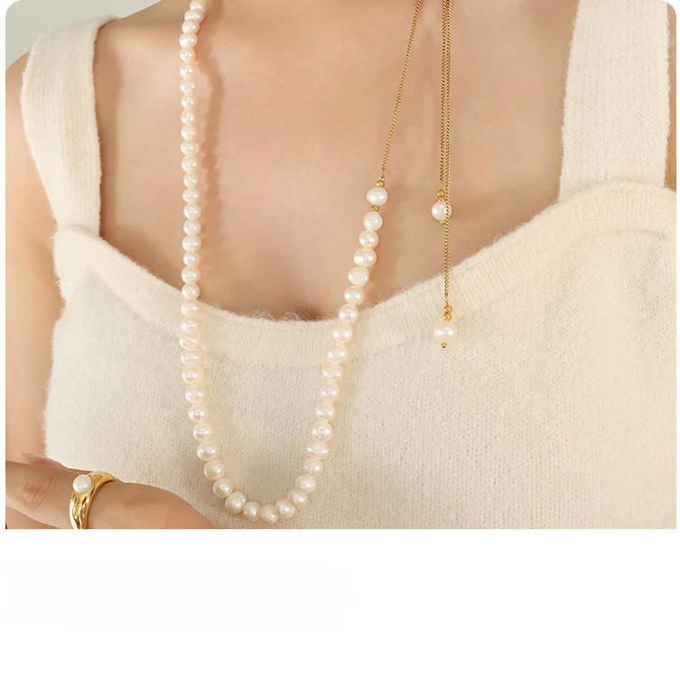 Multi Wear Ways Pullable Long Gold Sweater Chain Freshwater Pearl Necklace