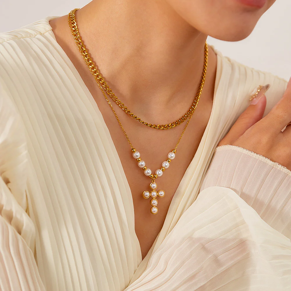 Two Layer Stacked Pearl Cross Pendant Necklace