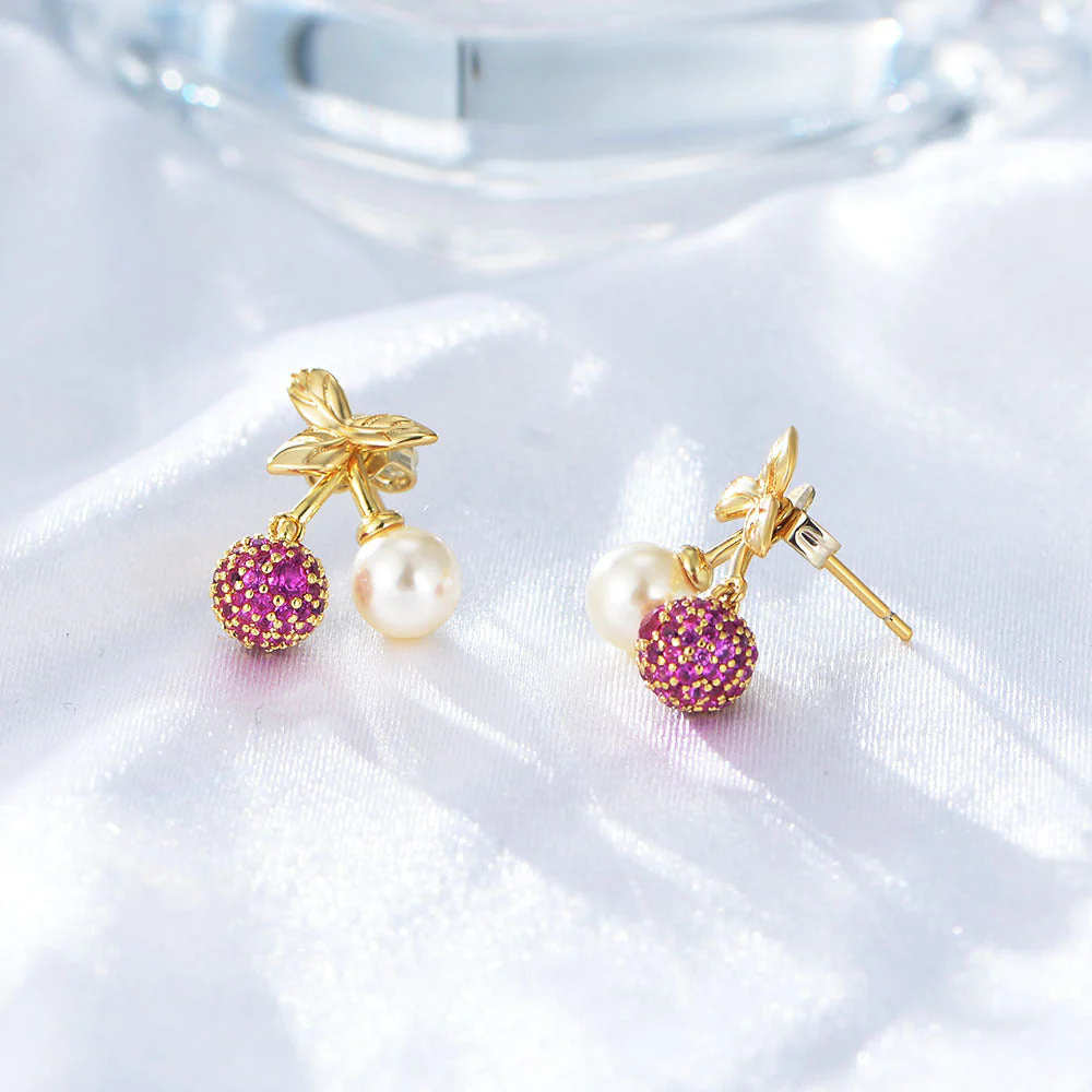 Zircon Cherry Earrings Pearl Studs