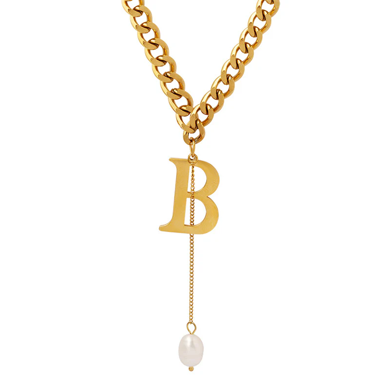 Letter B Pearl Drop Pendant Thick Flat O Chain Y Necklace