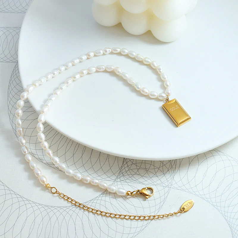 GOLD Rectangle Plate Pendant Freshwater Pearl Necklace