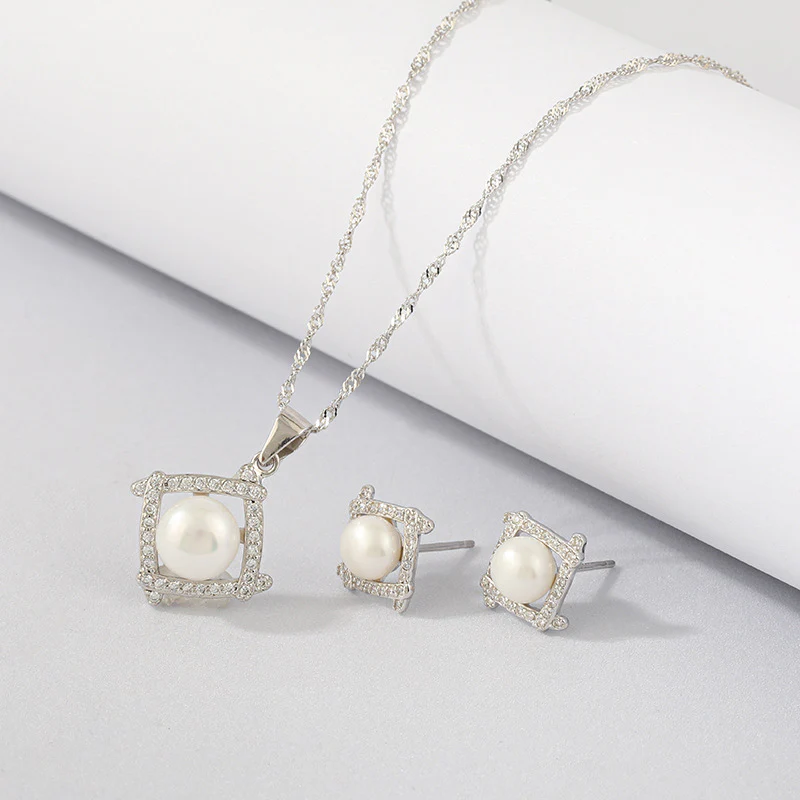 Hollow Square Enhancer Pearl Pendant Necklace Earrings Set
