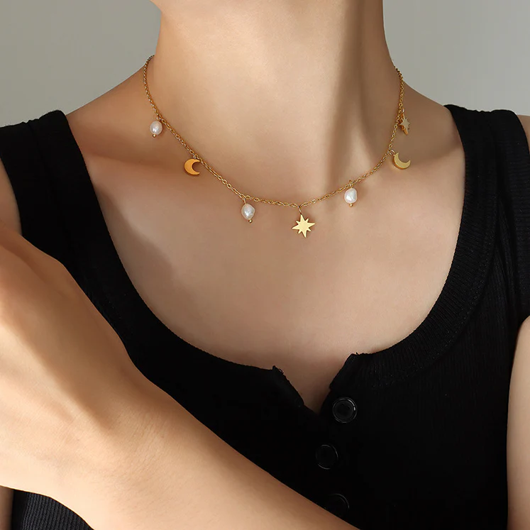 North Star Moon Pearl Necklace With Charms