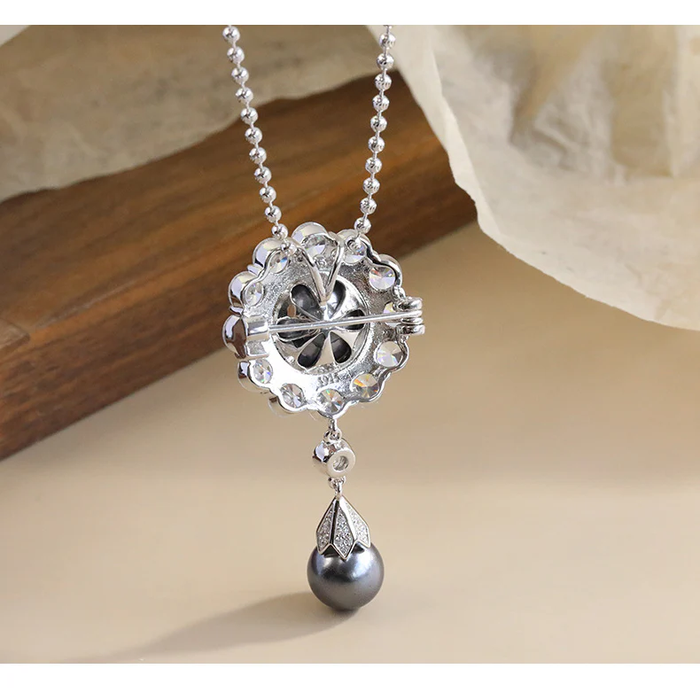 Duchess Camellia Diamond Pearl Pendant Brooch Necklace
