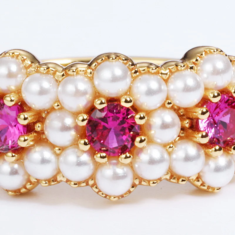 Red Corundum Flower Pearl Ring