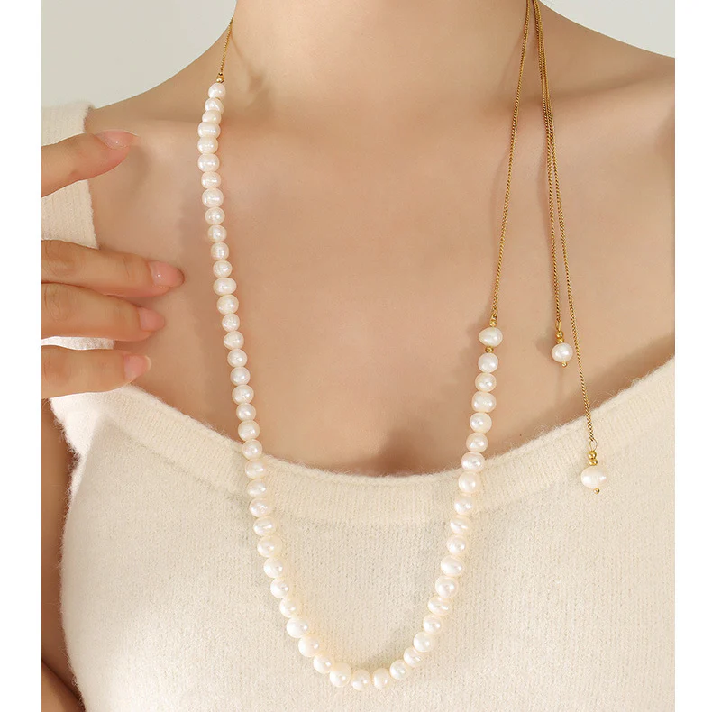 Multi Wear Ways Pullable Long Gold Sweater Chain Freshwater Pearl Necklace