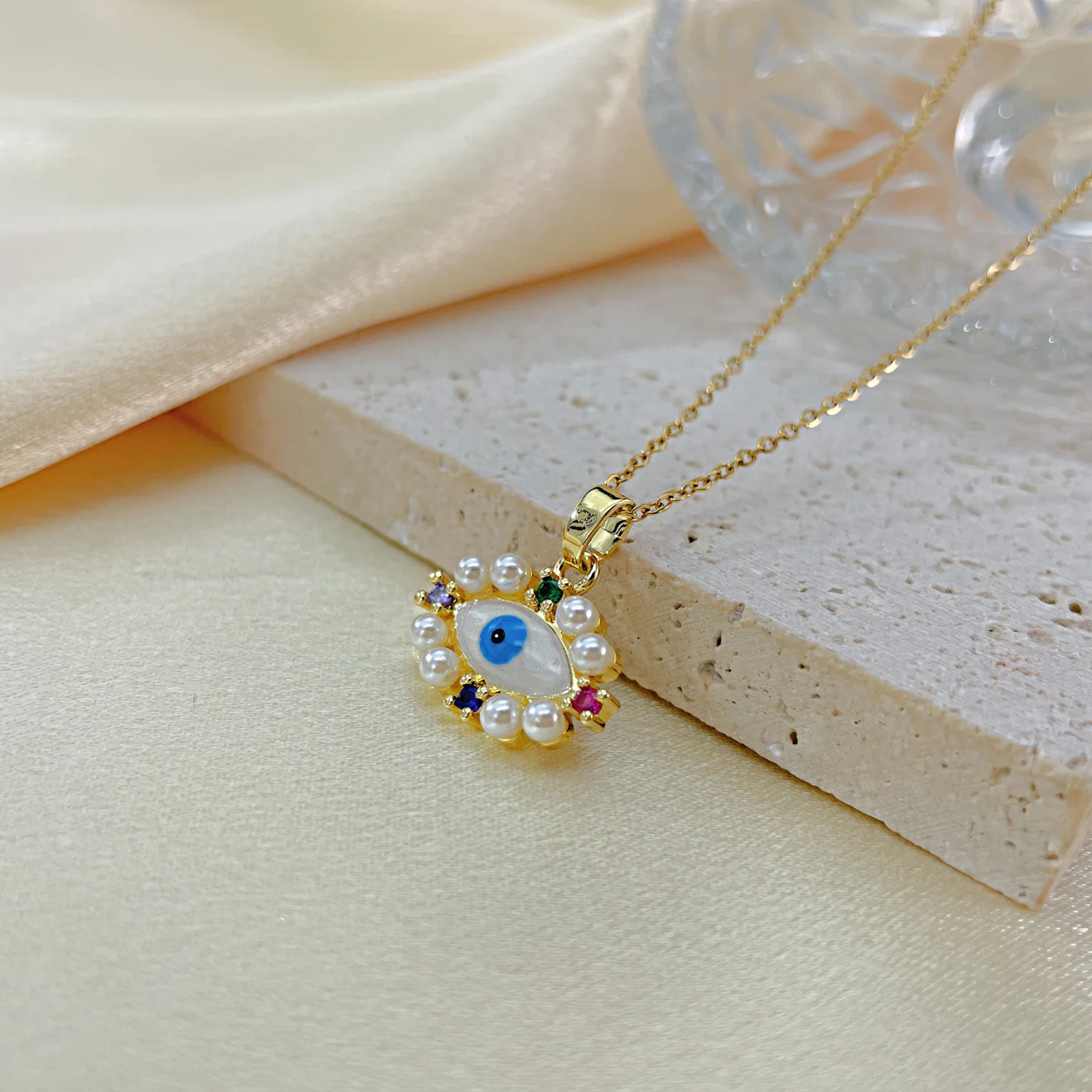 Pearl Evil Eye Pendant Necklace