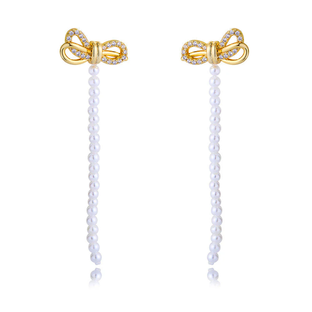 Zircon Bow And Pearl Earrings