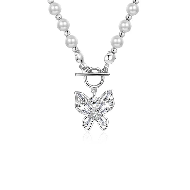 Zircon Butterfly Pendant Pearl Necklace