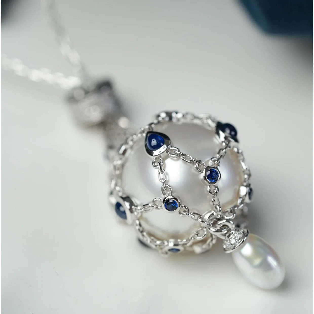 Freshwater Pearl & Blue Gemstone Pendant Necklace
