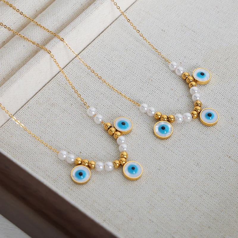 Floating Pearl and Evil Eye Necklace