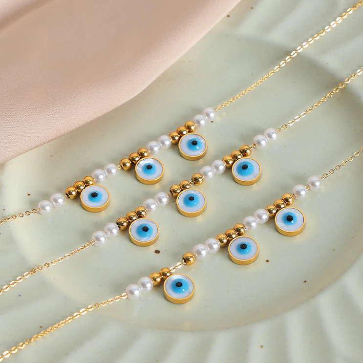 Floating Pearl and Evil Eye Necklace