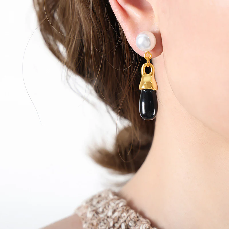 Drop Black Glass Stone Pearl Stud Earrings