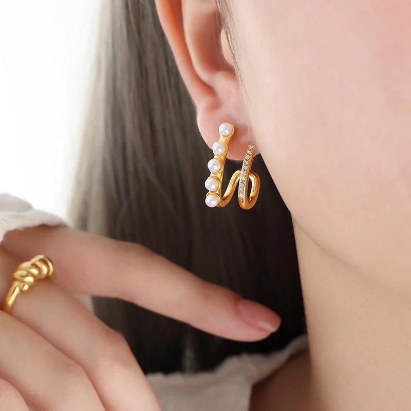 C Shape Pearl and Diamond Earrings