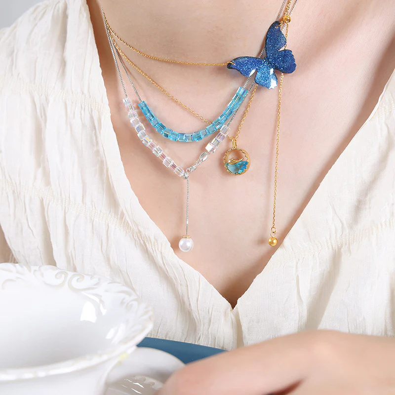 Adjustable Blue Crystal Pearl Drop Y Necklace