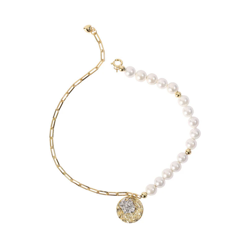 Portrait Coin Half Chain Half Pearl Bracelet