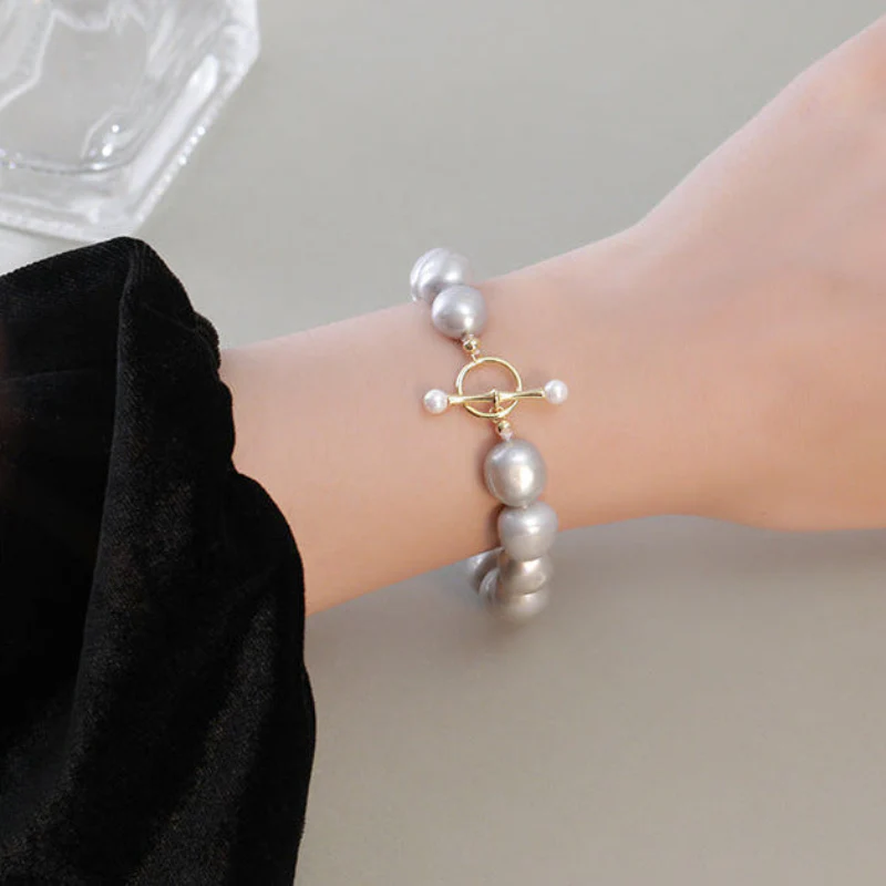 Grey Pearl Bracelet Chunky Baroque