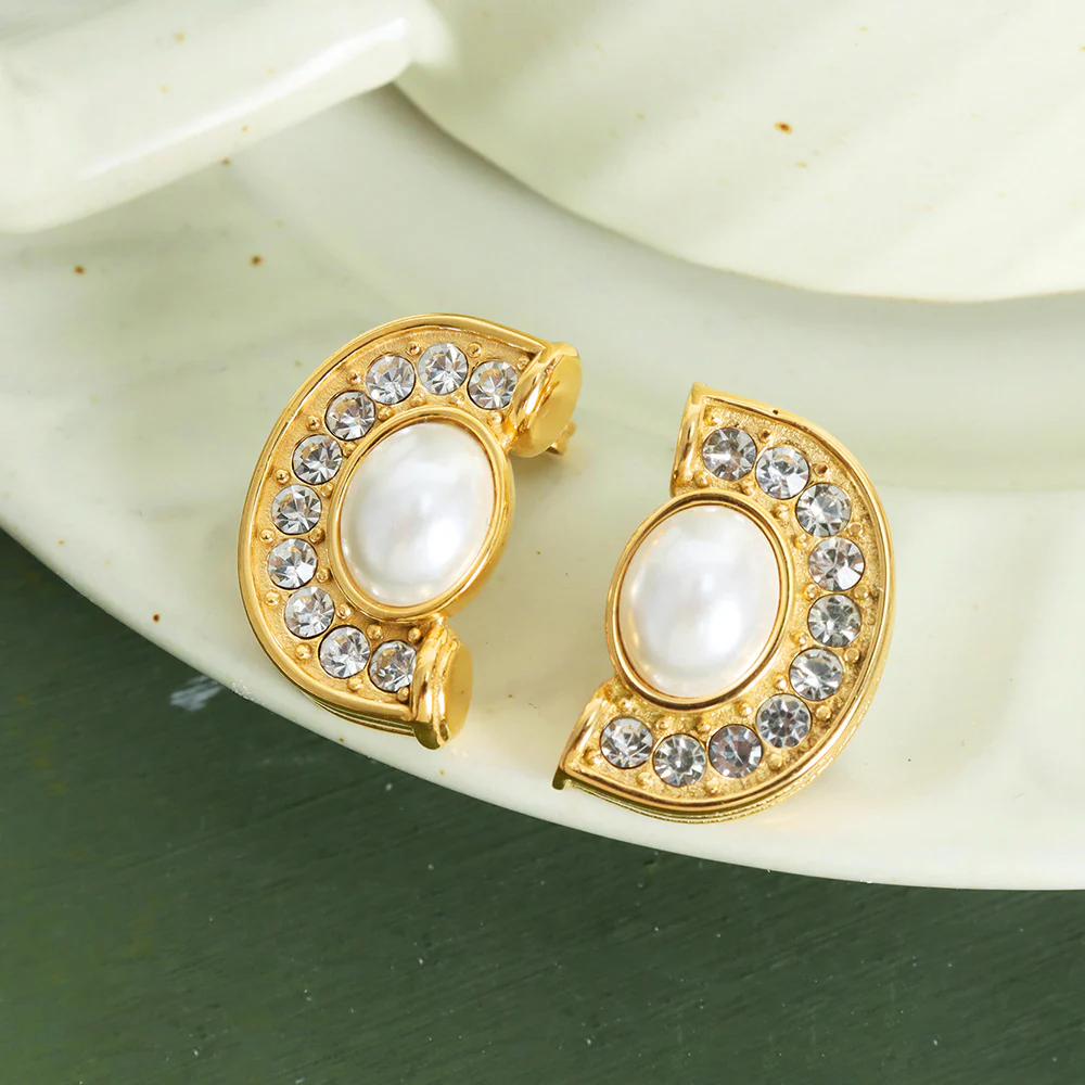 Charming Half Round Pearl and Diamond Earrings