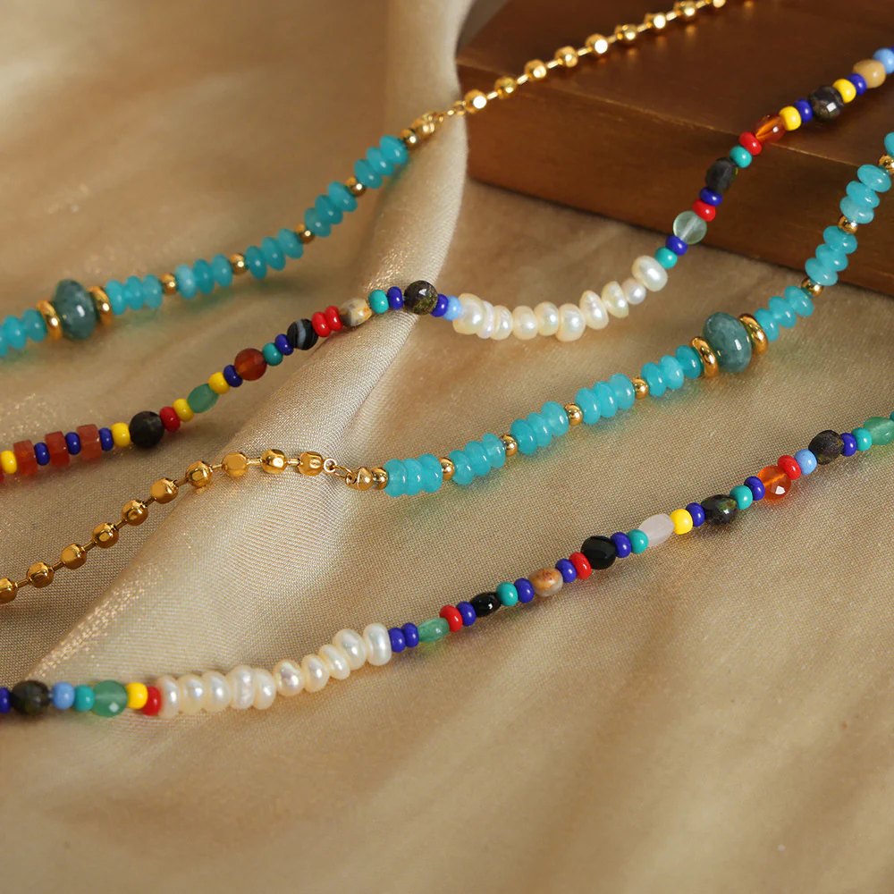 Blue Stone and Freshwater Pearl Bead Necklace