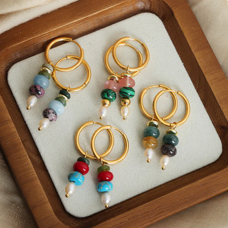 Circle With Natural Stone Pearl Drop Earring