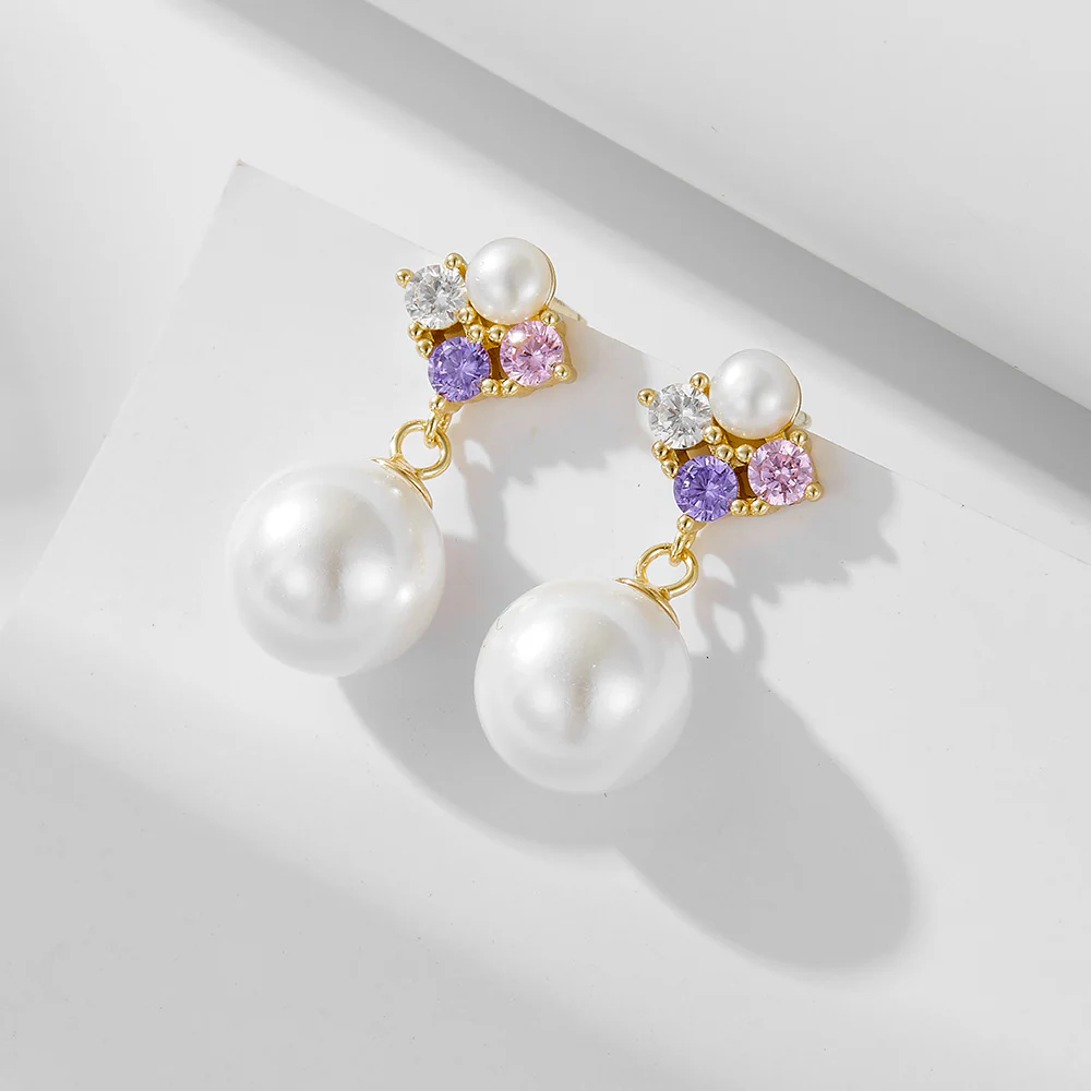 Colorful Pink Purple Zircon 10mm Pearl Earrings