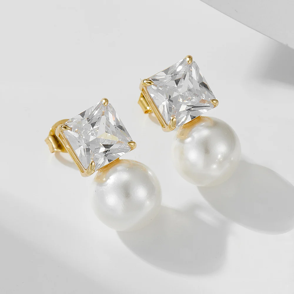 Cube Diamond 10mm Pearl Earrings
