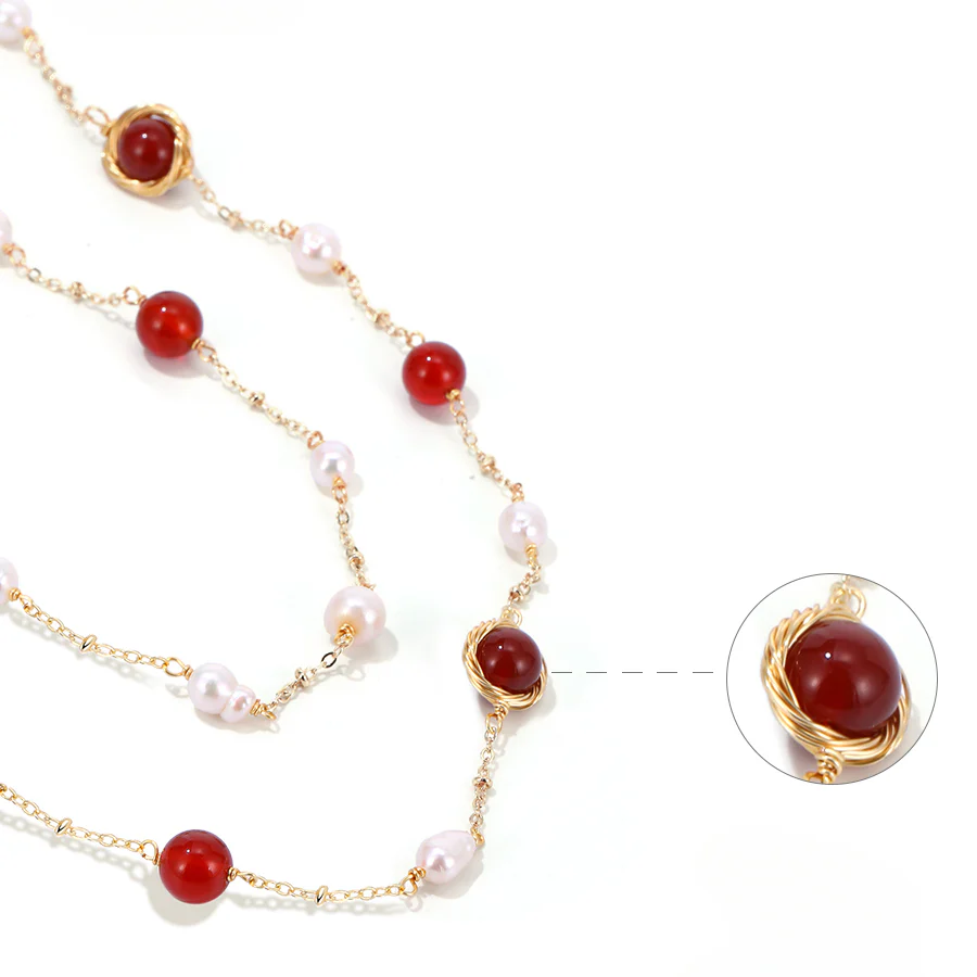Long Natural Red Agate Freshwater Pearl Necklace