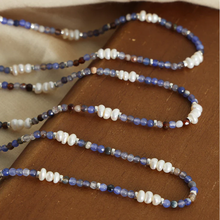 Blue Purple Natural Agate Freshwater Pearl Beaded Necklace