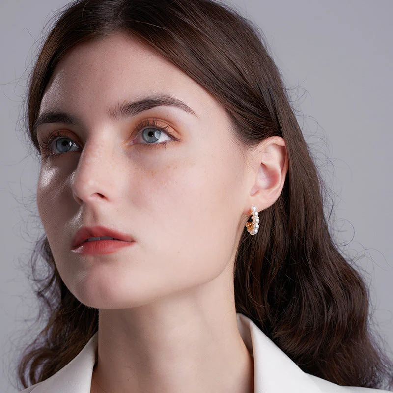 Pearl Half Hoop Earrings With Diamond