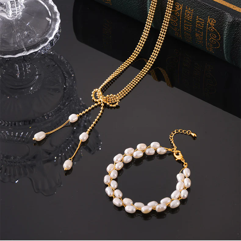 Tassel Bow Pendant Choker Necklace and Woven Bracelet Set