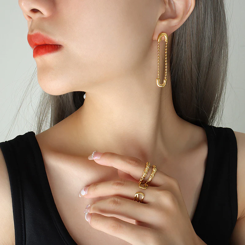 Gold Bead Chain Paperclip Tassel Asymmetrical Earrings