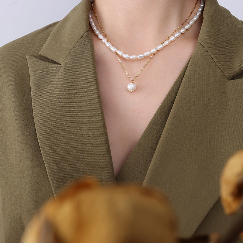 Stacked Double Layered Gold Chain Freshwater Pearl Necklace