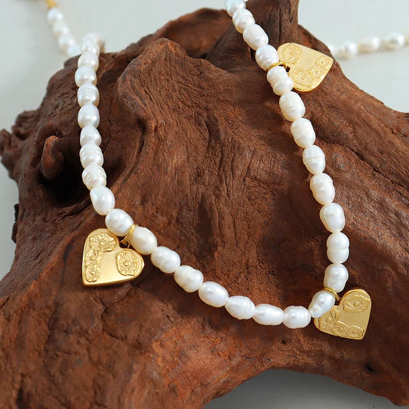 Three Love Heart Charms Freshwater Pearl Necklace