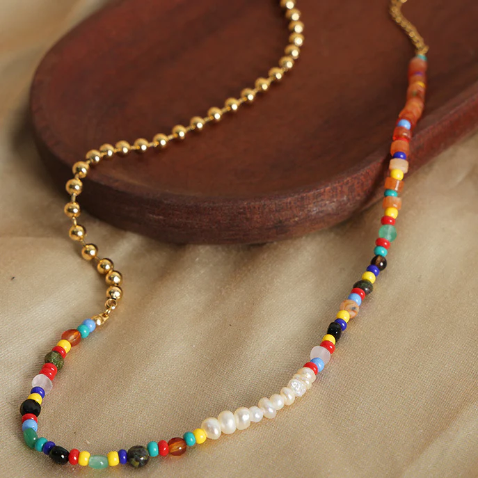 Blue Stone and Freshwater Pearl Bead Necklace