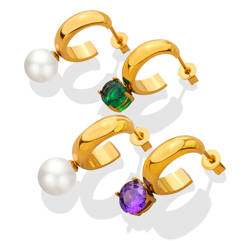 AB Asymmetrical Green Purple Zircon Pearl Earring