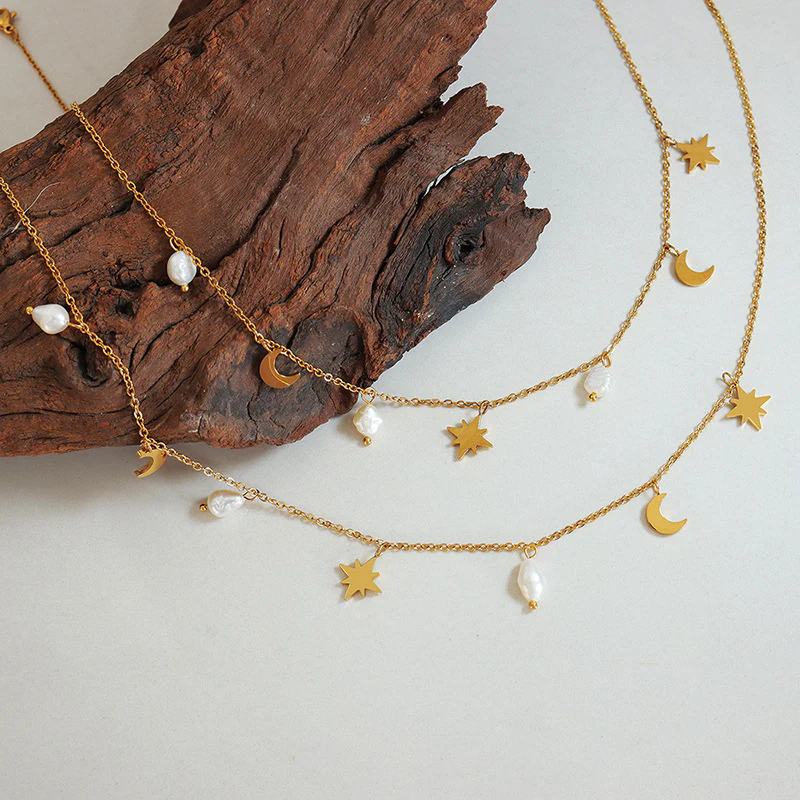 North Star Moon Pearl Necklace With Charms