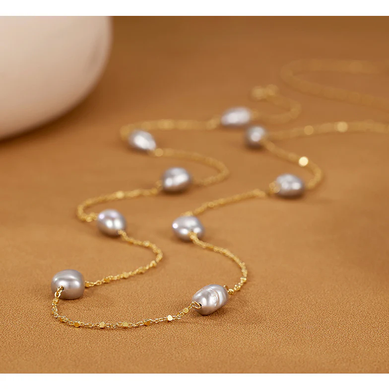 Long Pullable Natural Grey Baroque Pearl Necklace