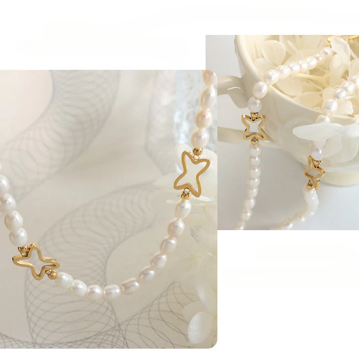Hollow Geometric Star Stitching Freshwater Pearl Necklace