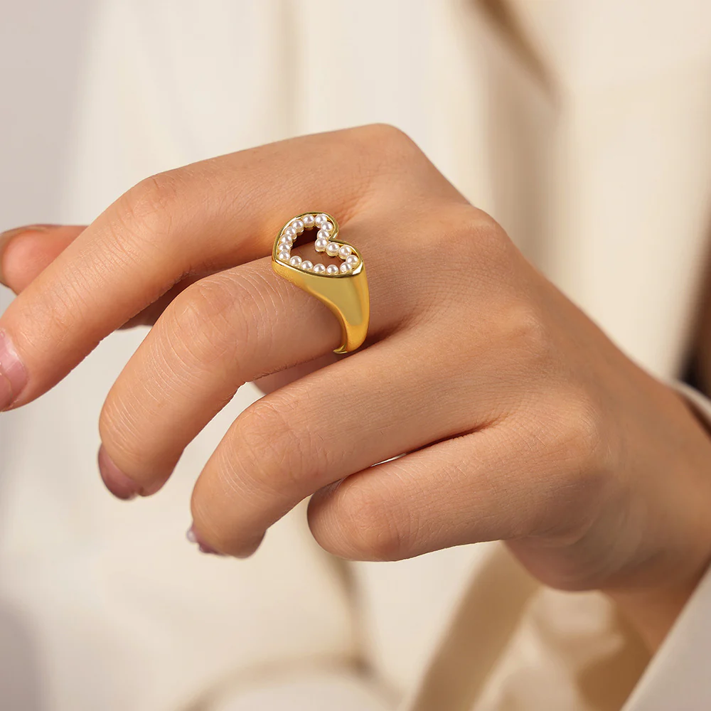 Hollow Love Heart Open Pearl Ring