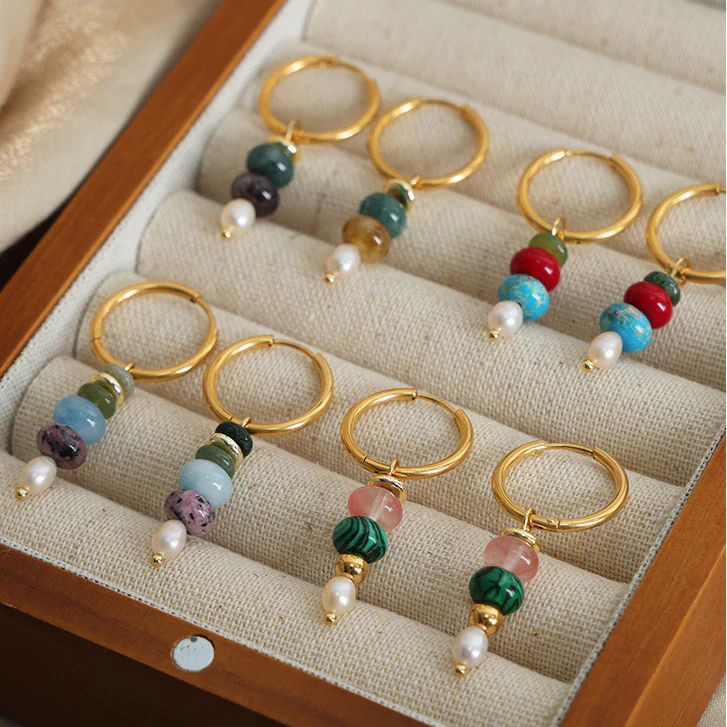 Circle With Natural Stone Pearl Drop Earring