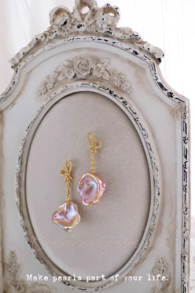【Monet Garden Collection】 Handmade Yuru Bow Baroque Pearl Drop Earrings