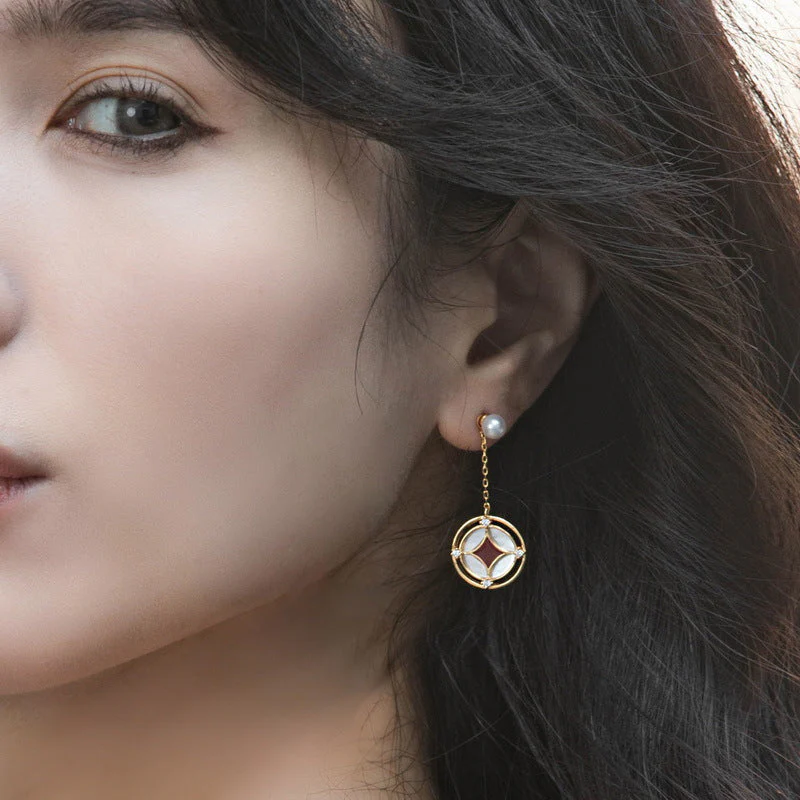 Pearl Studs Red Enamel Earrings